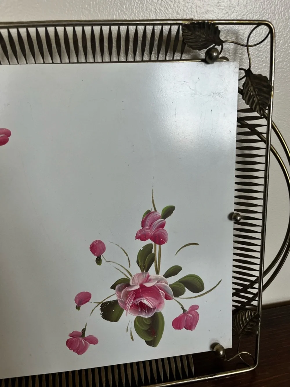 Decorative Pink Floral Wall Mirror with Metal Leaf Frame